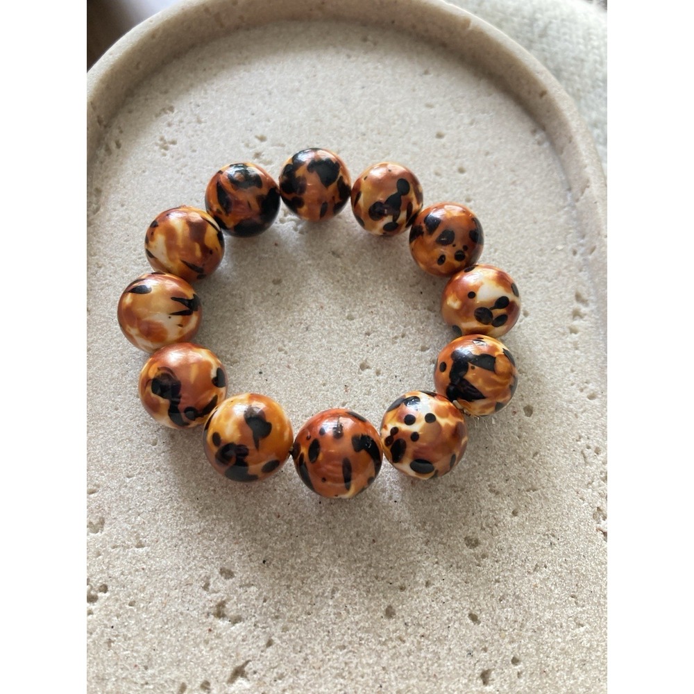 Faux Tortoise Shell Acrylic Bead Stretch Bracelet Chunky Round Brown Beads Bold
